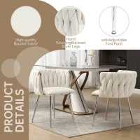 Set of 2 Modern Hand Weaving Dining Chairs with Silver Legs and Armrests, Boucle Upholstered Side Chairs, Set of 2 Dining Chair for Living Room, 54x52x73 cm, Ivory(m-5)