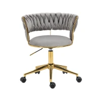 Velvet Swivel Executive Office Desk Chair with Hand-Woven Backrest, 360° Swivel and Height Adjustable, Stainless Base and 5 Wheels, 62x62x77 cm, Gray(m-12)