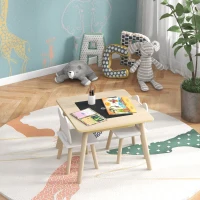 AIYAPLAY Set Masă și 2 Scaune pentru Copii 3-6 ani, cu Tablă de Scris și Loc de Depozitare, 60x60x44 cm, Lemn Natural(m-9)