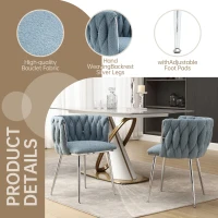 Set of 2 Modern Dining Chairs with Silver Legs, Hand-woven Backrest and Armrests, Upholstered Boucle Armchair for Living Room, 54x52x73 cm, Light Blue(m-5)