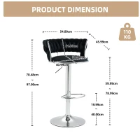 Set of 2 Adjustable Bar Stools with Back and Footrest, 360° Swivel Velvet Barstools with Silver Legs, 54x46x97 cm, Black(m-3)