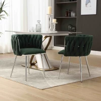 Set of 2 Modern Dining Chairs with Silver Legs, Hand-woven Backrest and Armrests, Upholstered Boucle Armchair for Living Room, 54x52x73 cm, Emerald(m-7)