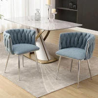 Set of 2 Modern Dining Chairs with Silver Legs, Hand-woven Backrest and Armrests, Upholstered Boucle Armchair for Living Room, 54x52x73 cm, Light Blue(m-1)