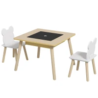 AIYAPLAY Set Masă și 2 Scaune pentru Copii 3-6 ani, cu Tablă de Scris și Loc de Depozitare, 60x60x44 cm, Lemn Natural(m-10)