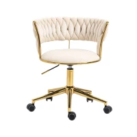 Velvet 360° Swivel Computer Chair with Backrest, 5 Wheels, Adjustable Height, Stainless Base, 62x62x77 cm, Ivory(m-12)