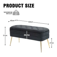 Velvet Upholstered Storage Ottoman Bench with Metal Legs, Footrest Sofa for Bedroom and Living Room, 104x40x51 cm, Black(m-3)