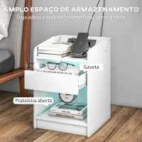 HOMCOM Mesa de Cabeceira com Luzes LED Gaveta Prateleira Estação de Carregamento Entrada USB e Controlo Remoto 40x40x58 cm Branco(m-6)