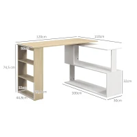 HOMCOM Mesa de Computador Secretária Mesa de Canto Giratória 360° com 5 Prateleiras 120x110x74,5 cm Madeira e Branco(m-3)