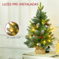 HOMCOM Árvore de Natal de Mesa 60 cm com 20 Luzes LED 141 Ramos 5 Pinhas 5 Bagas Vermelhas e Suporte de Metal para Interior Verde(m-4)