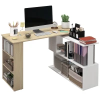 HOMCOM Mesa de Computador Secretária Mesa de Canto Giratória 360° com 5 Prateleiras 120x110x74,5 cm Madeira e Branco(m-10)