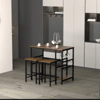 HOMCOM Set Tavolo 2 Sgabelli Alti da Bar in Legno Isola Cucina con Portabottiglie e Portabicchieri in Stile Industriale(m-2)