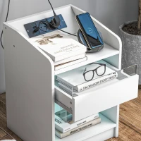 HOMCOM Mesa de Cabeceira com Luzes LED Gaveta Prateleira Estação de Carregamento Entrada USB e Controlo Remoto 40x40x58 cm Branco(m-8)