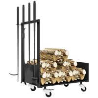 Outsunny Suporte para Lenha com Rodas Estante para Lenha Metálico de Exterior com Pá Escova Atizador e Tenazes 48x30x76 cm Preto(m-10)
