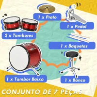 AIYAPLAY Bateria para Crianças de +3 Anos com Banco Ajustável Tambores Bombo Prato Pedal e Baquetas 80x60x48-65 cm Vermelho(m-5)
