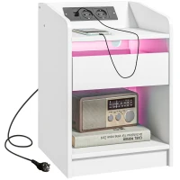 HOMCOM Mesa de Cabeceira com Luzes LED Gaveta Prateleira Estação de Carregamento Entrada USB e Controlo Remoto 40x40x58 cm Branco(m-10)