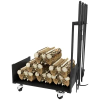Outsunny Suporte para Lenha com Rodas Estante para Lenha Metálico de Exterior com Pá Escova Atizador e Tenazes 48x30x76 cm Preto(m-11)