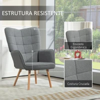 HOMCOM Poltrona de Sala de Estar Moderna Poltrona com Encosto Alto Apoio para os Braços Tecido de Linho e Pés de Madeira de Haya para Sala de Jantar Cozinha 71x76x101 cm Cinza(m-5)