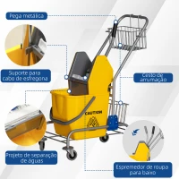 HOMCOM Carro de Limpeza Balde para Esfregona com Escorredor a Pressão Rodas e Cesto de Armazenamento Capacidade 26L 73x45x95 cm Amarelo(m-6)
