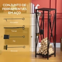Outsunny Suporte para Lenha Estante para Lenha Lenheiro de Exterior com Ganchos Pá Escova Atiçador e Tenaz Carga 60 kg 34x34x111 cm Preto(m-4)