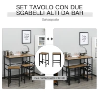 HOMCOM Set Tavolo 2 Sgabelli Alti da Bar in Legno Isola Cucina con Portabottiglie e Portabicchieri in Stile Industriale(m-7)