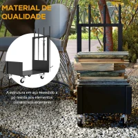 Outsunny Suporte para Lenha com Rodas Estante para Lenha Metálico de Exterior com Pá Escova Atizador e Tenazes 48x30x76 cm Preto(m-6)