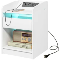 HOMCOM Mesa de Cabeceira com Luzes LED Gaveta Prateleira Estação de Carregamento Entrada USB e Controlo Remoto 40x40x58 cm Branco(m-11)