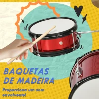 AIYAPLAY Bateria para Crianças de +3 Anos com Banco Ajustável Tambores Bombo Prato Pedal e Baquetas 80x60x48-65 cm Vermelho(m-6)