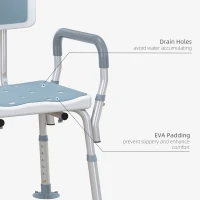 HOMCOM EVA Padded Shower Chair for the Elderly and Disabled, Height Adjustable Shower Stool with Back and Arms, 4 Suction Foot Pads, Light Blue(m-4)