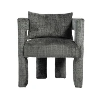 Fauteuil lounge moderne en chenille, chaise de salle à manger, design unique avec accoudoirs ajourés, coussin confortable, adapté pour le salon, la salle à manger, Gris foncé(m-10)