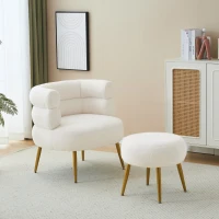 Boucle Snuggle Chair with Footstool Set, Fuzzy Tub Chair Lounge Chair with Footrest for Living Room, Bedroom, Study, 74.5x67x73 cm, White(m-8)