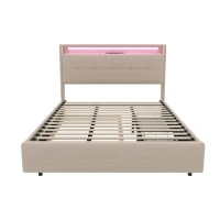 Letto matrimoniale con testiera USB, letto estraibile, letto imbottito con illuminazione LED e 2 cassetti, 140x200 cm, Senza materasso, Beige(m-9)