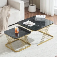 Nesting Coffee Tables with Gold Metal Frame, Marble Pattern Top, Multi-functional Sofa Side Tables for Bedroom, Living Room, 70x70x43 cm, Black(m-1)