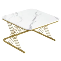 Nest of 2 Settee Side Table with Gold Metal Frame, Marble Pattern Top, Multi-functional Modern Coffee Table for Home, 70x70x43 cm, White(m-12)