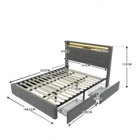 Lit double rembourré avec tête de lit USB, éclairage LED et 2 tiroirs, cadre de lit avec espace de rangement, sommier à lattes en bois, Gris(m-3)