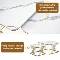 Nest of 2 Settee Side Table with Gold Metal Frame, Marble Pattern Top, Multi-functional Modern Coffee Table for Home, 70x70x43 cm, White(m-7)
