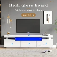 High Gloss Modern TV Stand Cabinet for 70-inch TV with LED Lights, 3 Drawers and Open Storage, 160x39x42 cm, White(m-5)