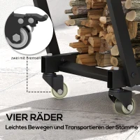 Outsunny Stojak na Drewno Kominkowe, Trapezowy Design, Metal Malowany Proszkowo, Mobilny z Kółkami, 79 x 30 x 81 cm, Czarny(m-6)