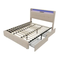 Doppelbett mit USB-Ladekopfteil, Ausziehbett, Polsterbett mit LED-Beleuchtung und 2 Schubladen, 160x200 cm Stauraumbettgestell, ohne Matratze, Beige(m-10)