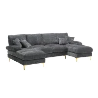 Modernes großes U-förmiges Chenille-Sofa mit Doppel-Liegesitzen, für Wohnzimmer, Wohnung, Villa, Grau(m-2)