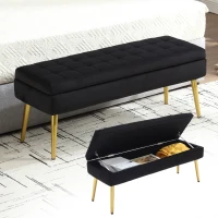Banc de rangement minimaliste moderne avec pieds en métal doré, banquette coffre en velours rembourré, table de chevet multifonctionnelle facile à monter pour chambre à coucher, salon, hall d'entrée, salle de séjour, Noir(m-8)
