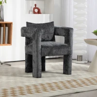 Fauteuil lounge moderne en chenille, chaise de salle à manger, design unique avec accoudoirs ajourés, coussin confortable, adapté pour le salon, la salle à manger, Gris foncé(m-1)