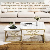 Nest of 2 Settee Side Table with Gold Metal Frame, Marble Pattern Top, Multi-functional Modern Coffee Table for Home, 70x70x43 cm, White(m-4)