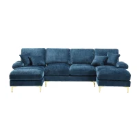 Grand canapé d'angle en forme de U en tissu chenille moderne et confortable, Bleu(m-10)