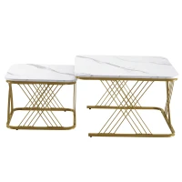 Nest of 2 Settee Side Table with Gold Metal Frame, Marble Pattern Top, Multi-functional Modern Coffee Table for Home, 70x70x43 cm, White(m-10)