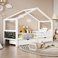 Letto a Casetta per Bambini con Due Cassetti e Lavagna, Rete a Doghe in Legno di Pino, Senza Materasso, 90 x 200 cm, Bianco(m-1)