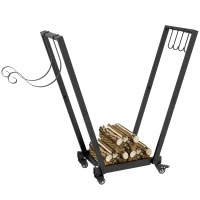 Outsunny Stojak na Drewno Kominkowe, Trapezowy Design, Metal Malowany Proszkowo, Mobilny z Kółkami, 79 x 30 x 81 cm, Czarny(m-10)