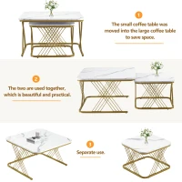Nest of 2 Settee Side Table with Gold Metal Frame, Marble Pattern Top, Multi-functional Modern Coffee Table for Home, 70x70x43 cm, White(m-5)