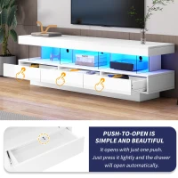 Modern High Gloss TV Units with Storage Drawers, LED Lights, TV Cabinet for Living Room, Bedroom, 160x38x50.5 cm, White(m-7)