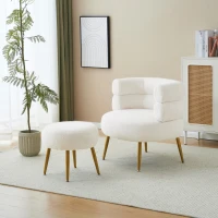 Boucle Snuggle Chair with Footstool Set, Fuzzy Tub Chair Lounge Chair with Footrest for Living Room, Bedroom, Study, 74.5x67x73 cm, White(m-7)