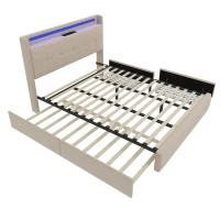 Lit double rembourré avec tête de lit USB, éclairage LED et 2 tiroirs, cadre de lit avec rangement 160x200 cm, sommier à lattes en bois, Beige(m-2)